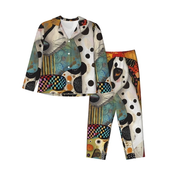 Vsdgher Abstract Dalmatian Art Pajamas Set Long Sleeve Sleepwear Womens Button Down Nightwear Pj Sets-Small