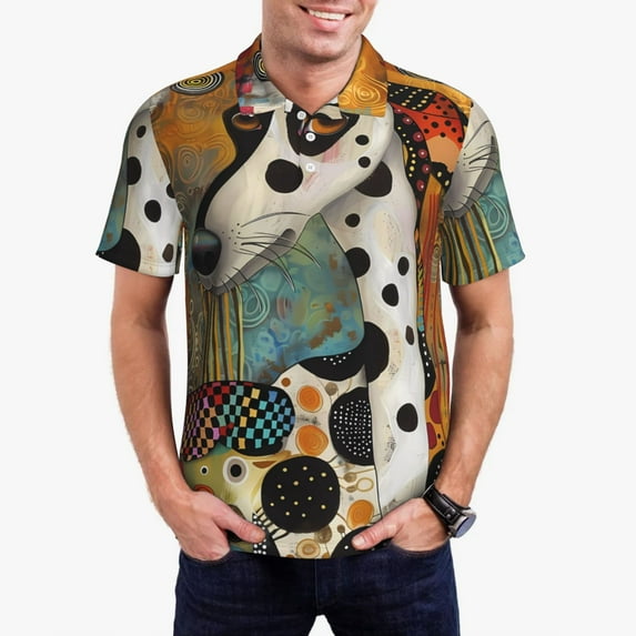 Vsdgher Abstract Dalmatian Art Polo Shirts for Men, Men's Short Sleeve Stretch Polo Shirt, Shirts for Men-3X-Large