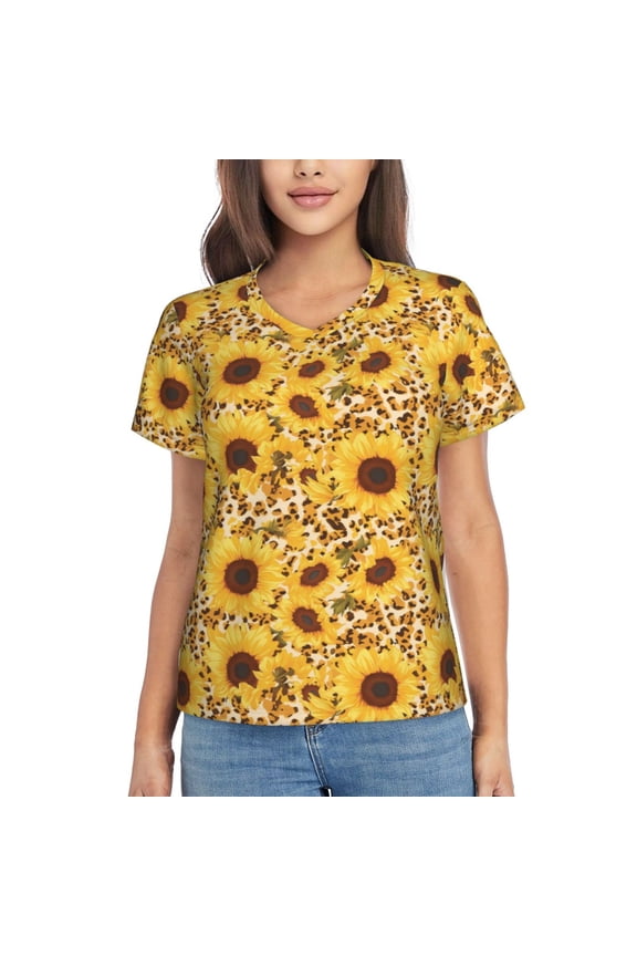 Abstract Leopard Print Sunflower Women Shirts V Neck Short Sleeve Tops T-Shirt Basic Tees, S to 3XLLarge
