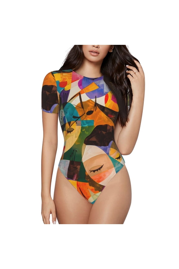 Abstract Musical Faces Prinr Short Sleeve Body suit for Womens, Sexy Onesie One Piece Round Neck Bodysuit Shapewear Tummy Control-Medium