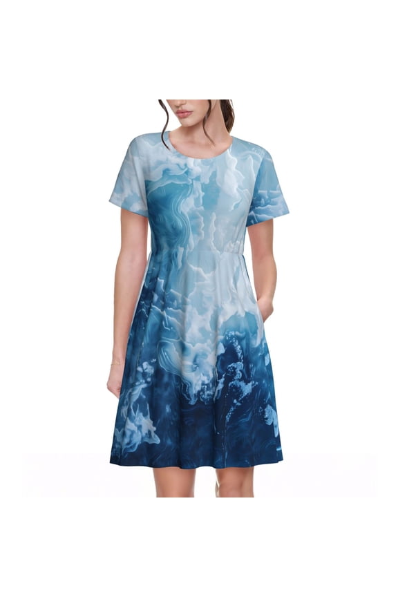 Abstract Ocean Waves for Womens Summer 2025 Casual Midi Maxi Dresses Lightweight Short Sleeve Round Neck Beach Dress -Medium