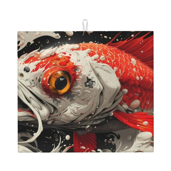 Vsdgher Abstract Red Koi Fish Art Print Dish Drying Mat, Kitchen Counter Mat, Dish Drying Pad for Dishes, Utensils, Pots and Pans,16" x 18"