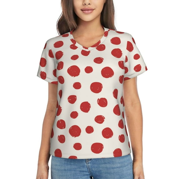 Vsdgher Abstract Red Polka Dot Women Shirts V Neck Short Sleeve Tops T-Shirt Basic Tees, S to 3XLMedium