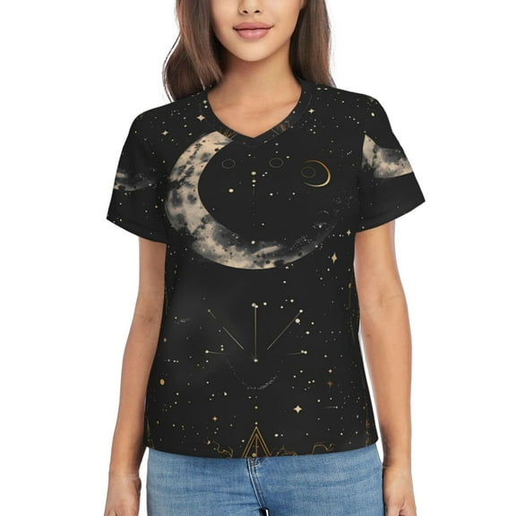 Vsdgher Abstract Starry Sky Moon Women Shirts V Neck Short Sleeve Tops T-Shirt Basic Tees, S to 3XLSmall