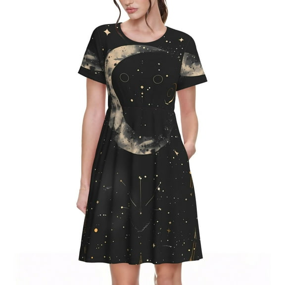 Vsdgher Abstract Starry Sky Moon for Womens Summer 2025 Casual Midi Maxi Dresses Lightweight Short Sleeve Round Neck Beach Dress -Medium