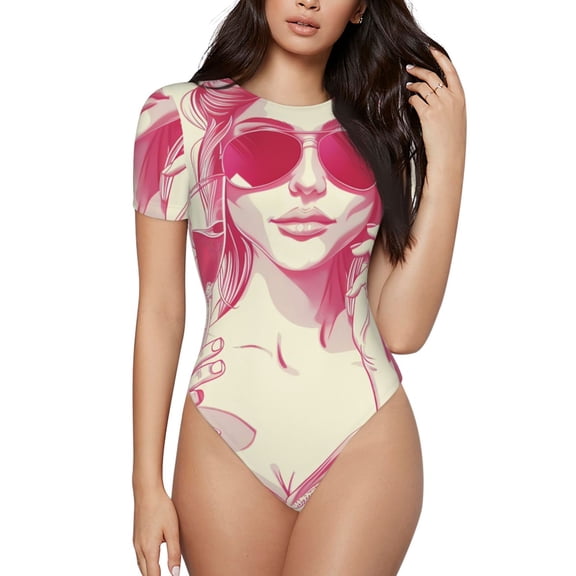 Vsdgher Ace Of Diamonds Lady Prinr Short Sleeve Body suit for Womens, Sexy Onesie One Piece Round Neck Bodysuit Shapewear Tummy Control-X-Large