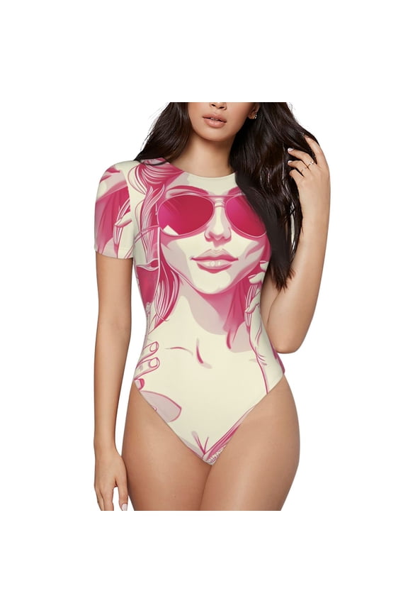 Ace Of Diamonds Lady Prinr Short Sleeve Body suit for Womens, Sexy Onesie One Piece Round Neck Bodysuit Shapewear Tummy Control-X-Large