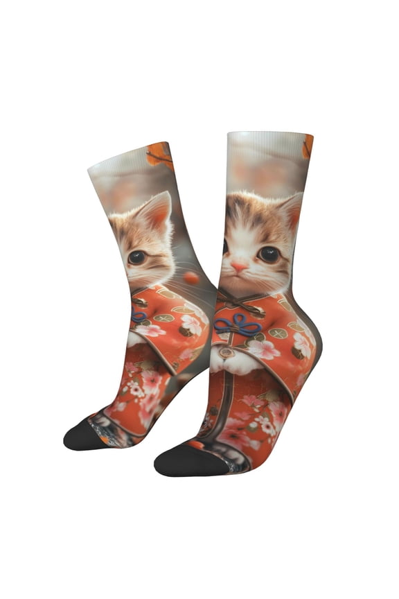 Adorable Kitten In Kimono Crew Socks for Men & Women, Breathable Casual Athletic Ankle Socks