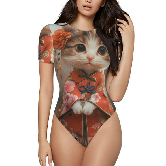 Vsdgher Adorable Kitten In Kimono Prinr Short Sleeve Body suit for Womens, Sexy Onesie One Piece Round Neck Bodysuit Shapewear Tummy Control-Small