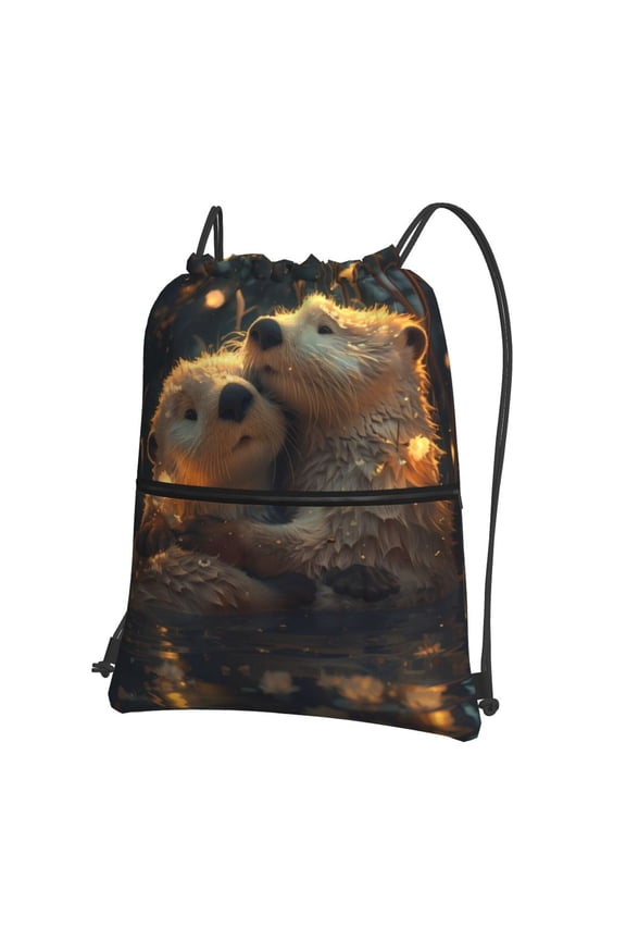 Adorable Otter Pair Hug Drawstring Backpack Water Resistant String Bag Sports Sackpack Gym Sack for Men Women