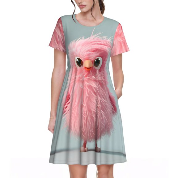 Vsdgher Adorable Pink Fluffy Birds for Womens Summer 2025 Casual Midi Maxi Dresses Lightweight Short Sleeve Round Neck Beach Dress -X-Large