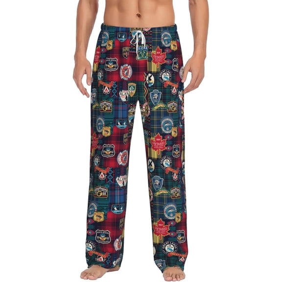 Vsdgher Adventure Camping Badge Print Mens Pajama Pants Sleep & Lounge Pants, PJ Bottoms With elastic waistb and Pockets