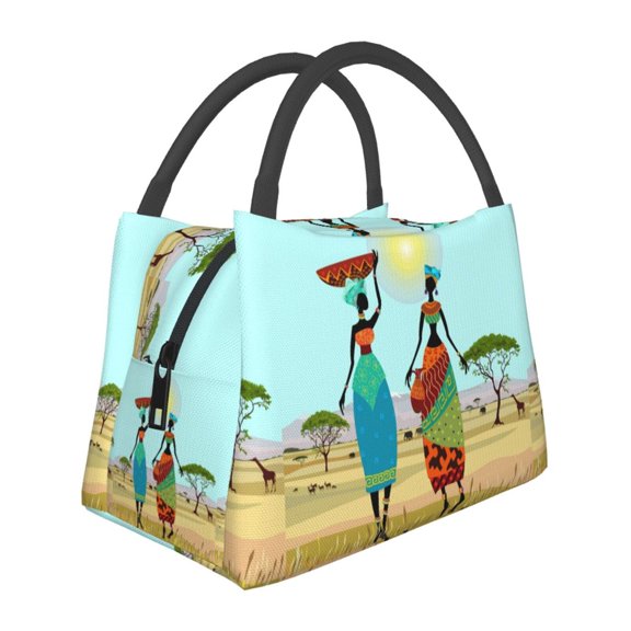 Vsdgher African Women Print Insulated Reusable Bags with Sturdy Zipper and Handles, Foldable Totes for Hot or Cold Food Bring or Delivery