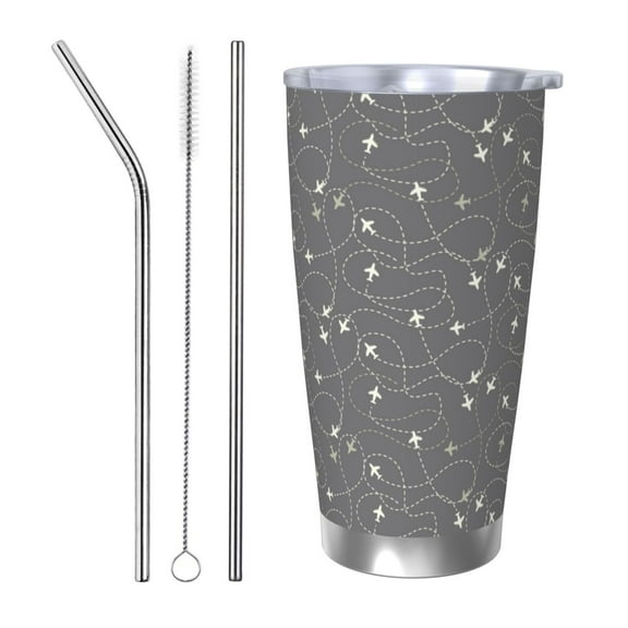 Vsdgher Airplane Routes Around The World 20 Oz Stainless Steel Vacuum Insulated, Travel Mug Coffee Cup for Home, Office, Outdoor Works Great for Ice Drinks and Hot Beverage -Straw Three-piece Set