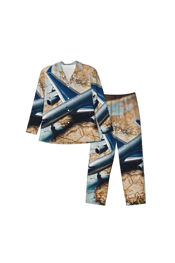 Airplane World Map Adventure Mens Pajama Set, Soft Warm Long Sleeve Sleepwear, Cozy Button-Down Pjs for Men-Large