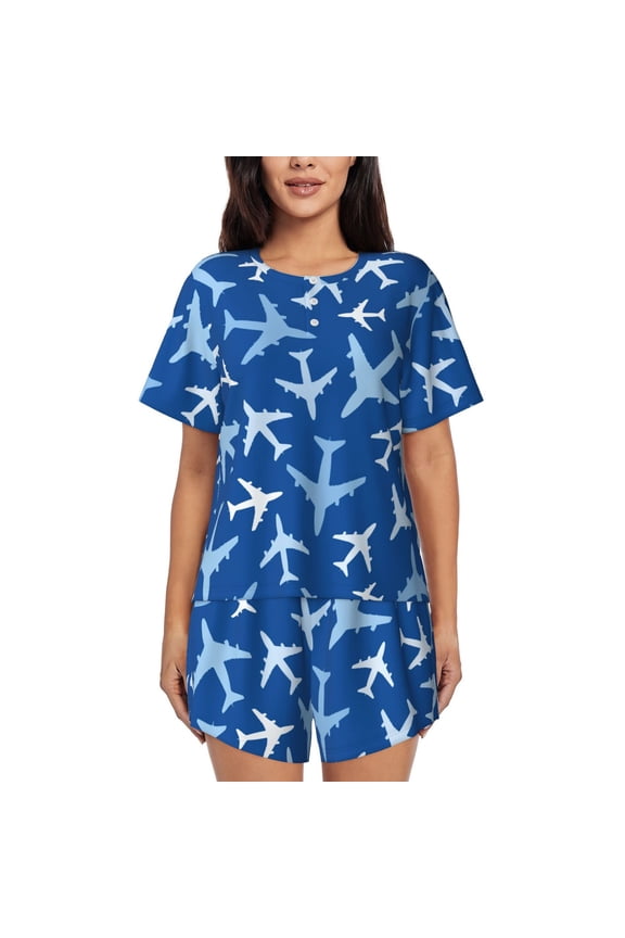Airplanes in the Sky Pattern Womens Pajamas 2 Piece Short Sleeve Sleepwear Set,Summer Soft Pajamas Set Casual Lounge Sets, 2-Piece Pj -Small