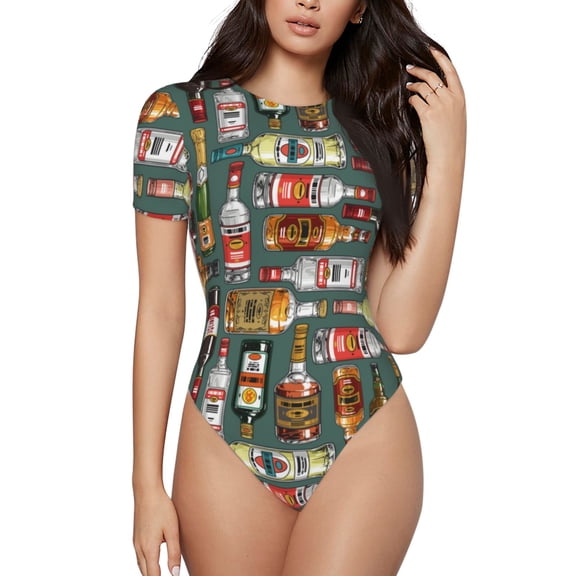 Vsdgher Alcohol Bottles Prinr Short Sleeve Body suit for Womens, Sexy Onesie One Piece Round Neck Bodysuit Shapewear Tummy Control-XX-Large
