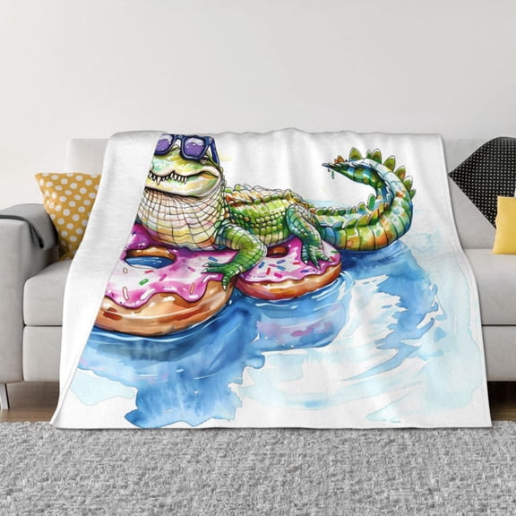 Vsdgher Alligator Donut Pool Float Pattern Fleece Throw Blanket, Horizontal Fleece Bedding Home Decor for Couch & Bed All Season Use -50"x40"