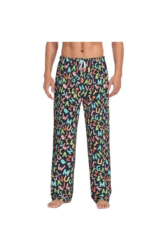 Alphabet Print Mens Pajama Pants Sleep & Lounge Pants, PJ Bottoms With elastic waistb and Pockets