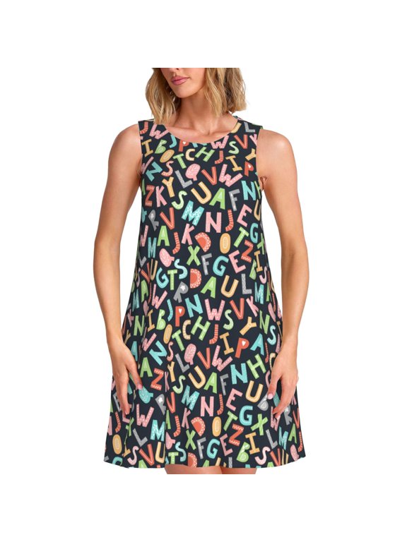 Alphabet Print Summer Dresses for Women Casual U Neck Beach Dress Sleeveless Tank Loose Sundress with Pocket -3X-Large