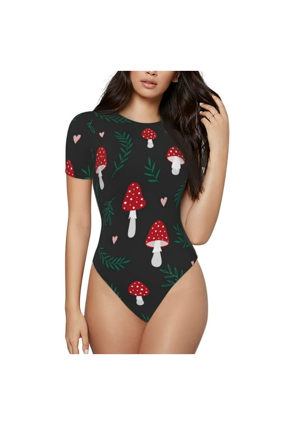Amanita Mushroom Prinr Short Sleeve Body suit for Womens, Sexy Onesie One Piece Round Neck Bodysuit Shapewear Tummy Control-Medium