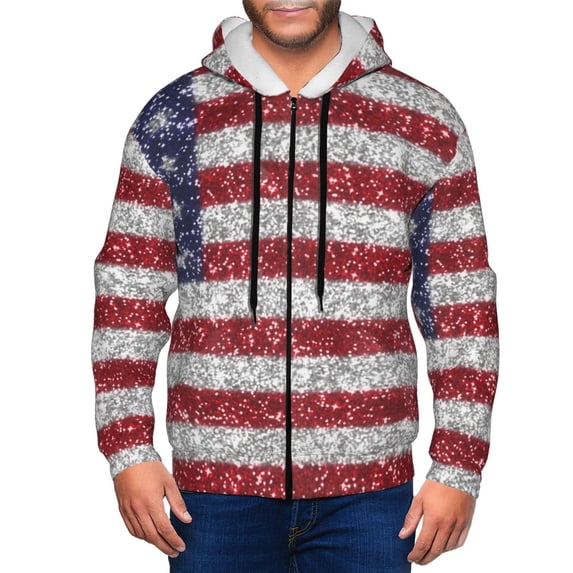 Vsdgher America Flag Glitter Mens Hoodies Zip Hoodie, Hoodies for Men, Zip-up Hooded Sweatshirt-