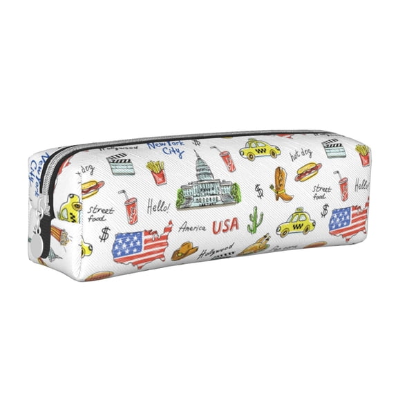 Vsdgher America Landmarks Leather Pencil Case, Makeup Pouch, Zipper Pouch for Daily Essentials, Storage Organizer, Cosmetics and Stationary Bag