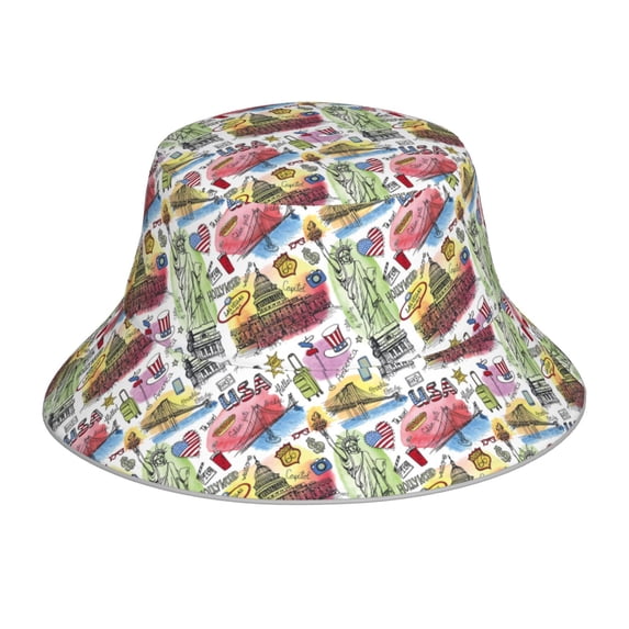 Vsdgher America Landmarks1 Print Bucket Hat for Men&Women Bucket Hat Reversible Summer Double-Side-Wear Travel Gardening, Beach, Camping, Hiking, Fishing Cap