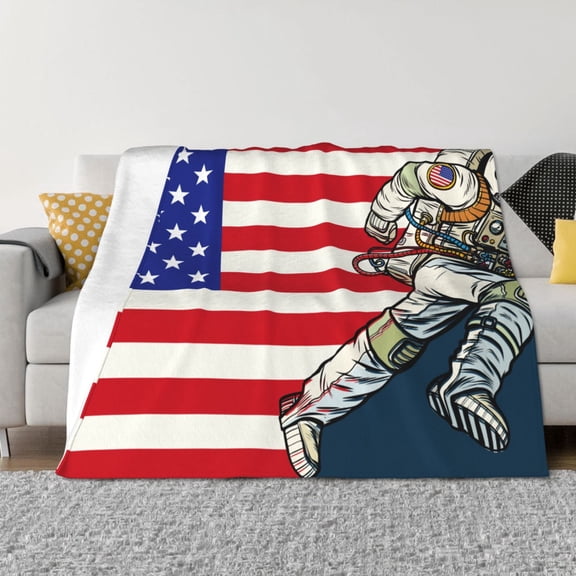 Vsdgher American Astronaut Runs Forward Pattern Fleece Throw Blanket, Horizontal Fleece Bedding Home Decor for Couch & Bed All Season Use -40"x30"