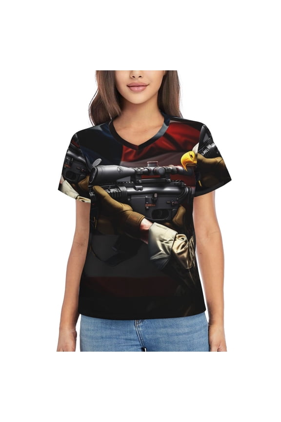 American Bald Eagle Warrior Women Shirts V Neck Short Sleeve Tops T-Shirt Basic Tees, S to 3XL3X-Large