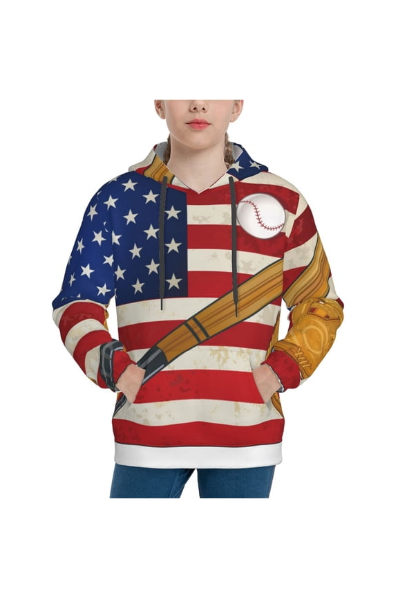 American Flag And Baseball Hoodie Youth Classic Hooded Pullover Sweatshirts Essentials Hoodie for Children (s-xl)-X-Large
