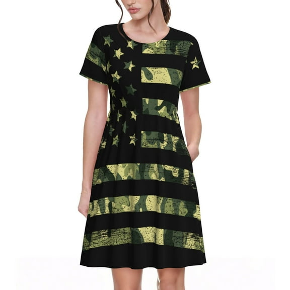 Vsdgher American Flag Camo for Womens Summer 2025 Casual Midi Maxi Dresses Lightweight Short Sleeve Round Neck Beach Dress -3X-Large