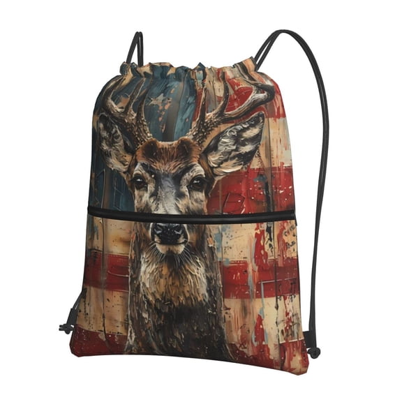 Vsdgher American Flag Deer Art Drawstring Backpack Water Resistant String Bag Sports Sackpack Gym Sack for Men Women