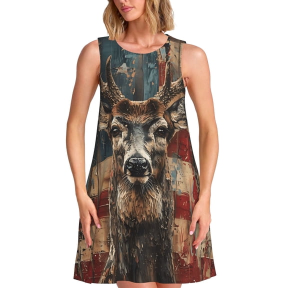 Vsdgher American Flag Deer Art Print Summer Dresses for Women Casual U Neck Beach Dress Sleeveless Tank Loose Sundress with Pocket -Medium