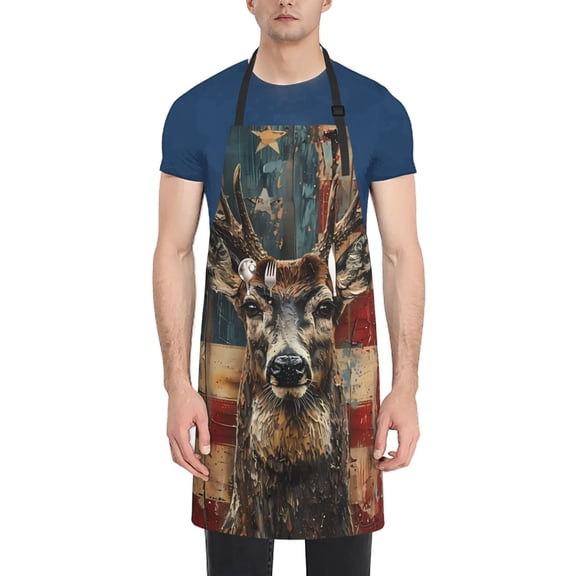 Vsdgher American Flag Deer Art Waterproof Apron with 2 Pockets Kitchen Chef Aprons Bibs for Grooming Cooking Baking Painting Gardening