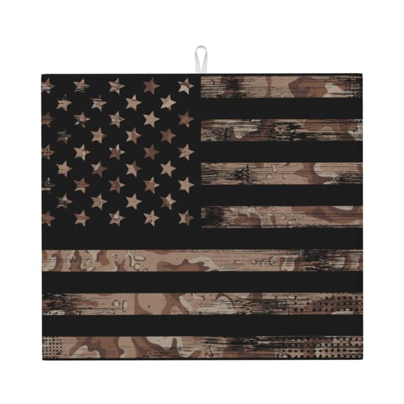 Vsdgher American Flag with Desert Camouflage Print Dish Drying Mat, Kitchen Counter Mat, Dish Drying Pad for Dishes, Utensils, Pots and Pans,16" x 18"