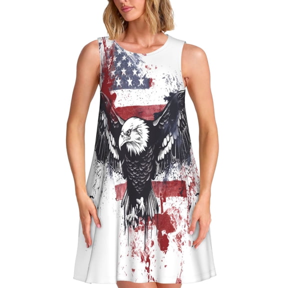 Vsdgher American Flag Eagle Art Print Summer Dresses for Women Casual U Neck Beach Dress Sleeveless Tank Loose Sundress with Pocket -Medium