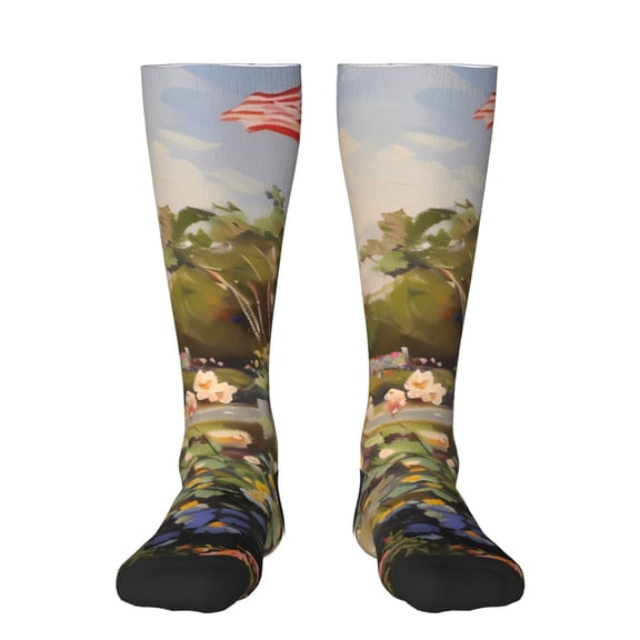 Vsdgher American Flag Rose Garden Knee Socks, High Socks Long Stretchy Sock Women Knee High Stocking, Long Socks for Women