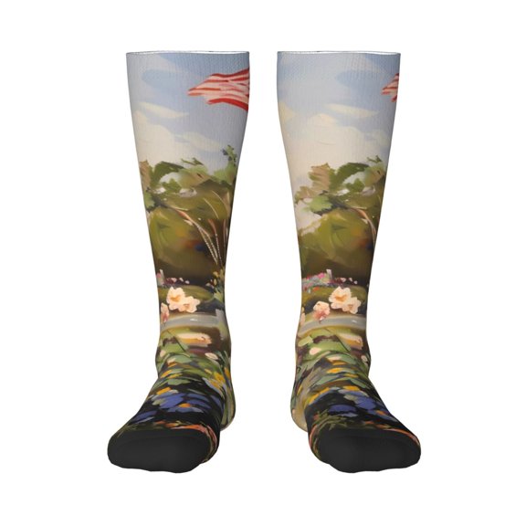 Vsdgher American Flag Rose Garden Knee Socks, High Socks Long Stretchy Sock Women Knee High Stocking, Long Socks for Women