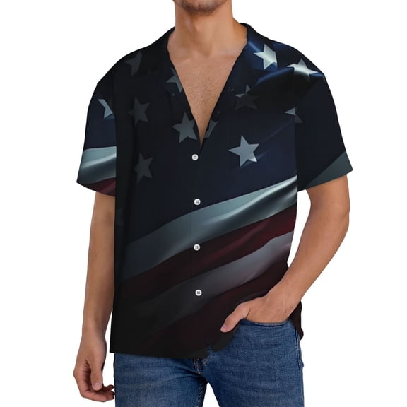 Vsdgher American Flag Waving Print Men's Cuban Shirt, Hawaiian Shirts, Business Casual Button Down Shirts, Short Sleeve Shirt-4X-Large