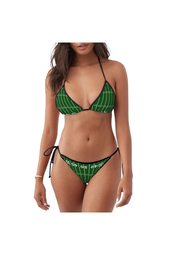 American Football Field1 Pattern Sexy Bikini Set for Women,Two Piece Swimsuit V Neck Swimwear Halter Tie Bathing Suit Self Tie Spaghetti Straps -Large
