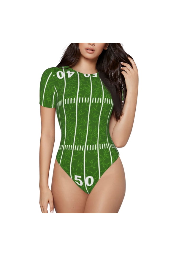 American Football Field2 Prinr Short Sleeve Body suit for Womens, Sexy Onesie One Piece Round Neck Bodysuit Shapewear Tummy Control-Large