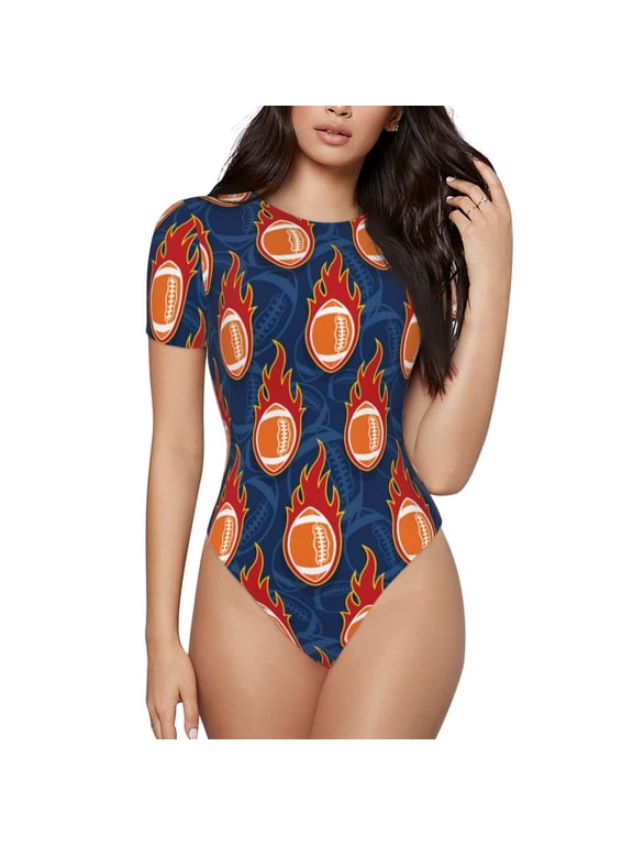 American Football and Fire Flames Prinr Short Sleeve Body suit for Womens, Sexy Onesie One Piece Round Neck Bodysuit Shapewear Tummy Control-X-Large