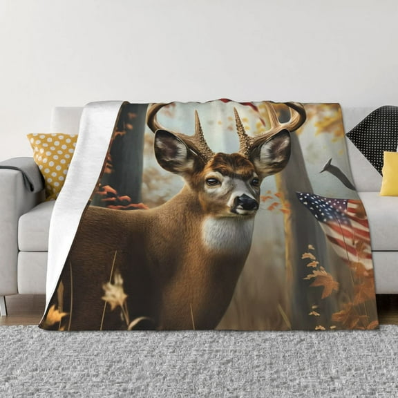 Vsdgher American Wildlife Deer Forest Pattern Fleece Throw Blanket, Horizontal Fleece Bedding Home Decor for Couch & Bed All Season Use -60"x50"