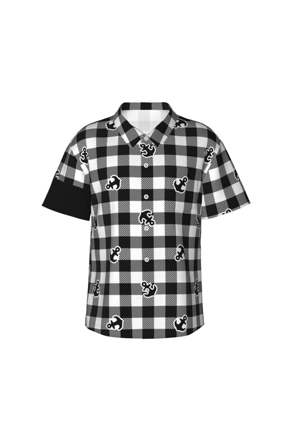 Anchor Black Tartan Plaid Print Men's Hawaiian Shirts Button Down Tropical Holiday Beach Shirts Vacation Clothes,Medium