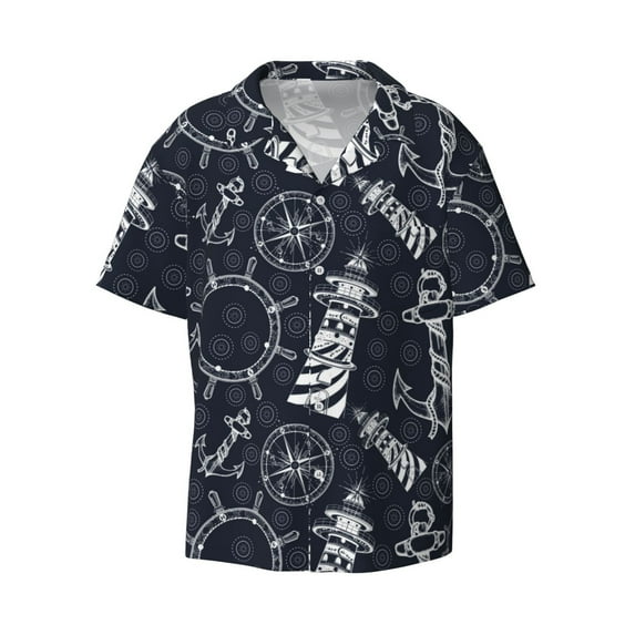 Vsdgher Anchor and Lighthouse Print Men's Wrinkle Free Untucked Cuban Shirt Business Casual Button Down Shirts Short Sleeve Shirt