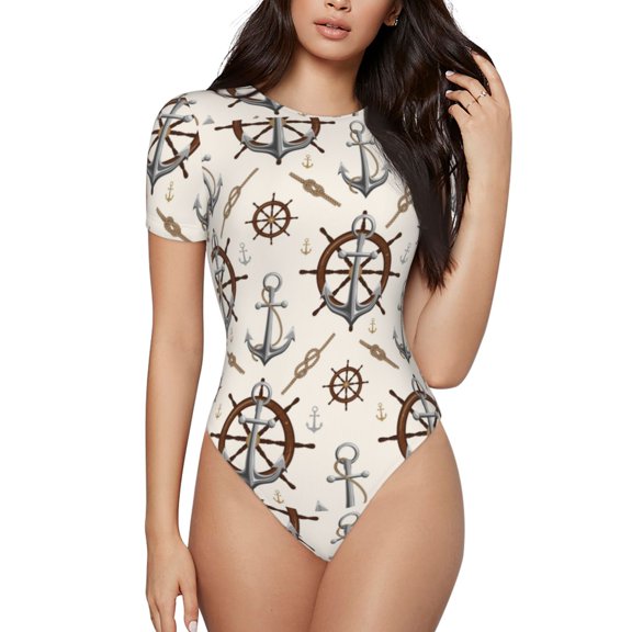 Vsdgher Anchor with Rope Prinr Short Sleeve Body suit for Womens, Sexy Onesie One Piece Round Neck Bodysuit Shapewear Tummy Control-Large