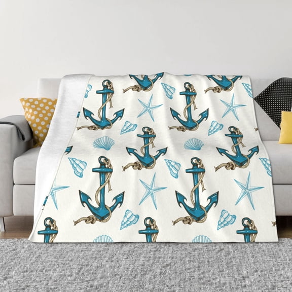Vsdgher Anchors And Shells Pattern Fleece Throw Blanket, Horizontal Fleece Bedding Home Decor for Couch & Bed All Season Use -80"x60"