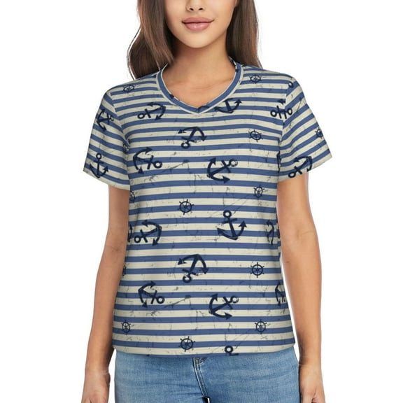 Vsdgher Anchors And Steering Wheel Women Shirts V Neck Short Sleeve Tops T-Shirt Basic Tees, S to 3XLLarge