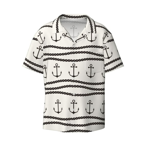 Vsdgher Anchors and Ropes Print Men's Wrinkle Free Untucked Cuban Shirt Business Casual Button Down Shirts Short Sleeve Shirt